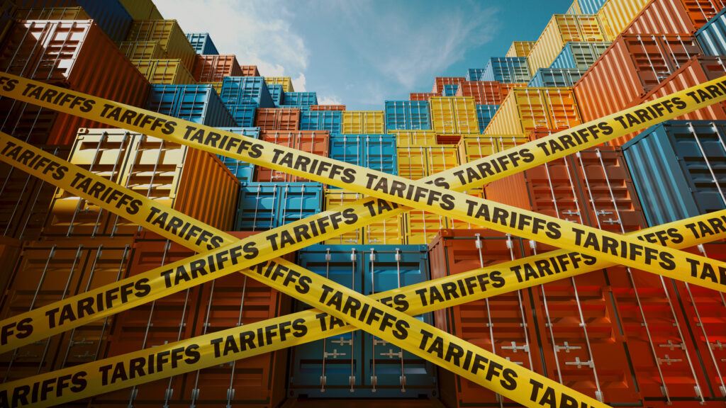 Shipping Containers Blocked by Tariffs Symbolized with Warning Tape